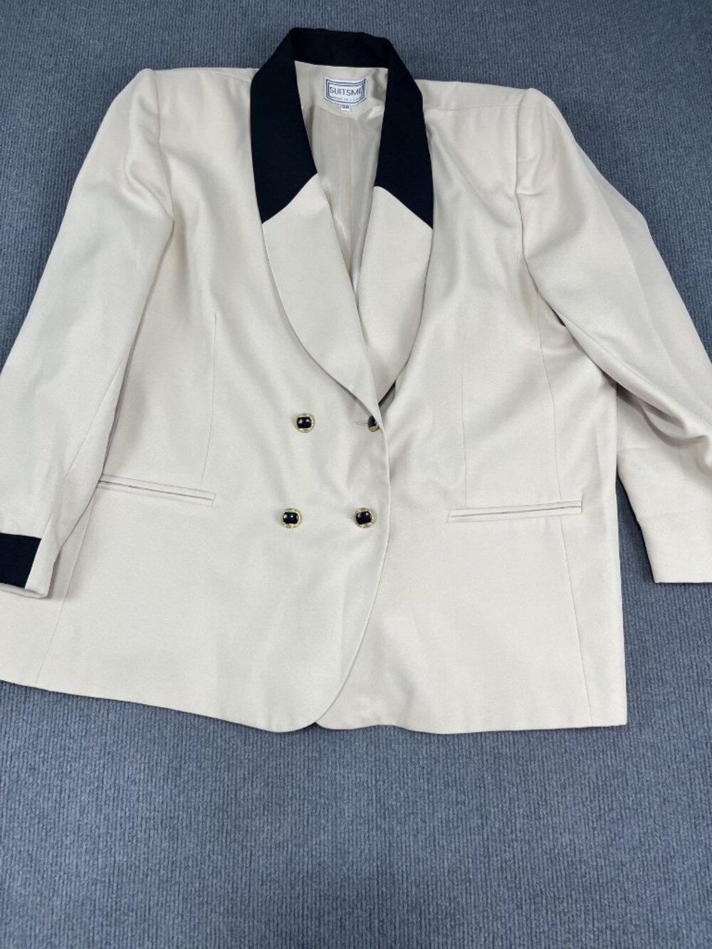 SuitsMe Womens Beige Blazer Black Lapel & Cuffs Double-Breasted Buttons Size 24
